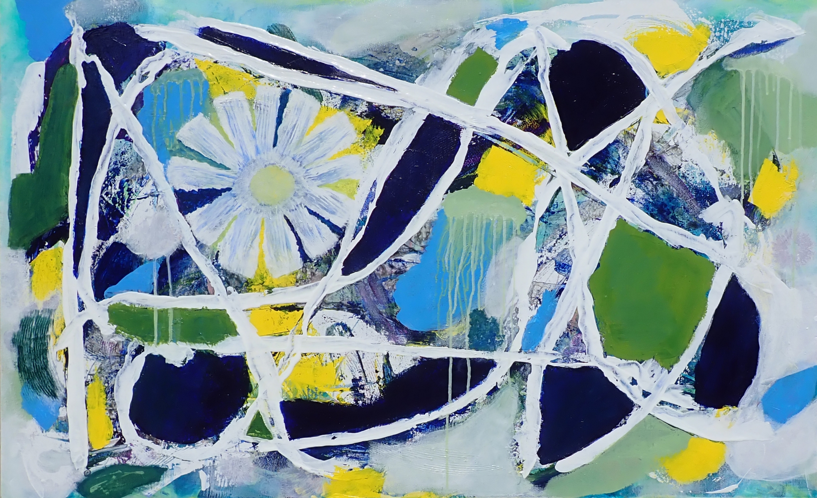 Spring Runoff — acrylic on canvas 48×30 in, late spring mountain stream, blue green yellow abstraction by Alene Nitzky, Fort Collins Colorado